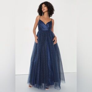 Women’s Medium, Spellbinding Beauty Navy Glitter Sleeveless Tulle Princess Gown